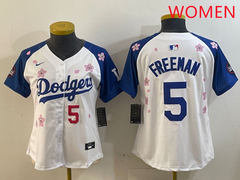 Women Los Angeles Dodgers #5 Freeman White Blue Sakura Edition 2025 Nike MLB Jersey style 7